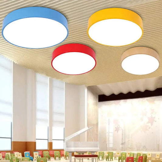Modern pastel acrylic round LED flushmount ceiling light set of 4 in blue yellow red wood finish on Tampa Home & Garden Store