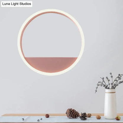 Modern pink & blue iron hoop wall light with bedroom storage rack and pink bottom shelf on Tampa Home & Garden Store