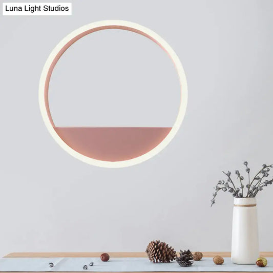 Modern pink & blue iron hoop wall light with bedroom storage rack and pink bottom shelf on Tampa Home & Garden Store