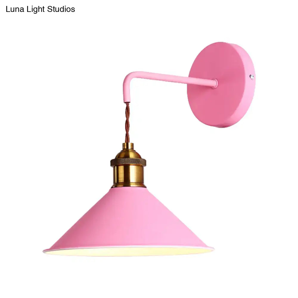 Pink conical metal wall sconce with brass socket and twisted brown cord, pink wall mount Decorbites on Tampa Home & Garden Store