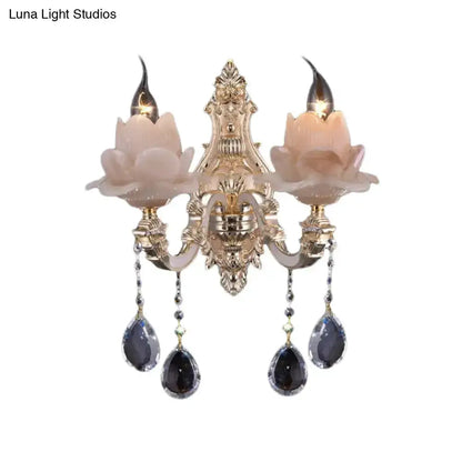 Pink Lotus Wall Lamp With Teardrop Crystal