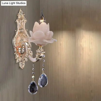 Pink Lotus Wall Lamp With Teardrop Crystal