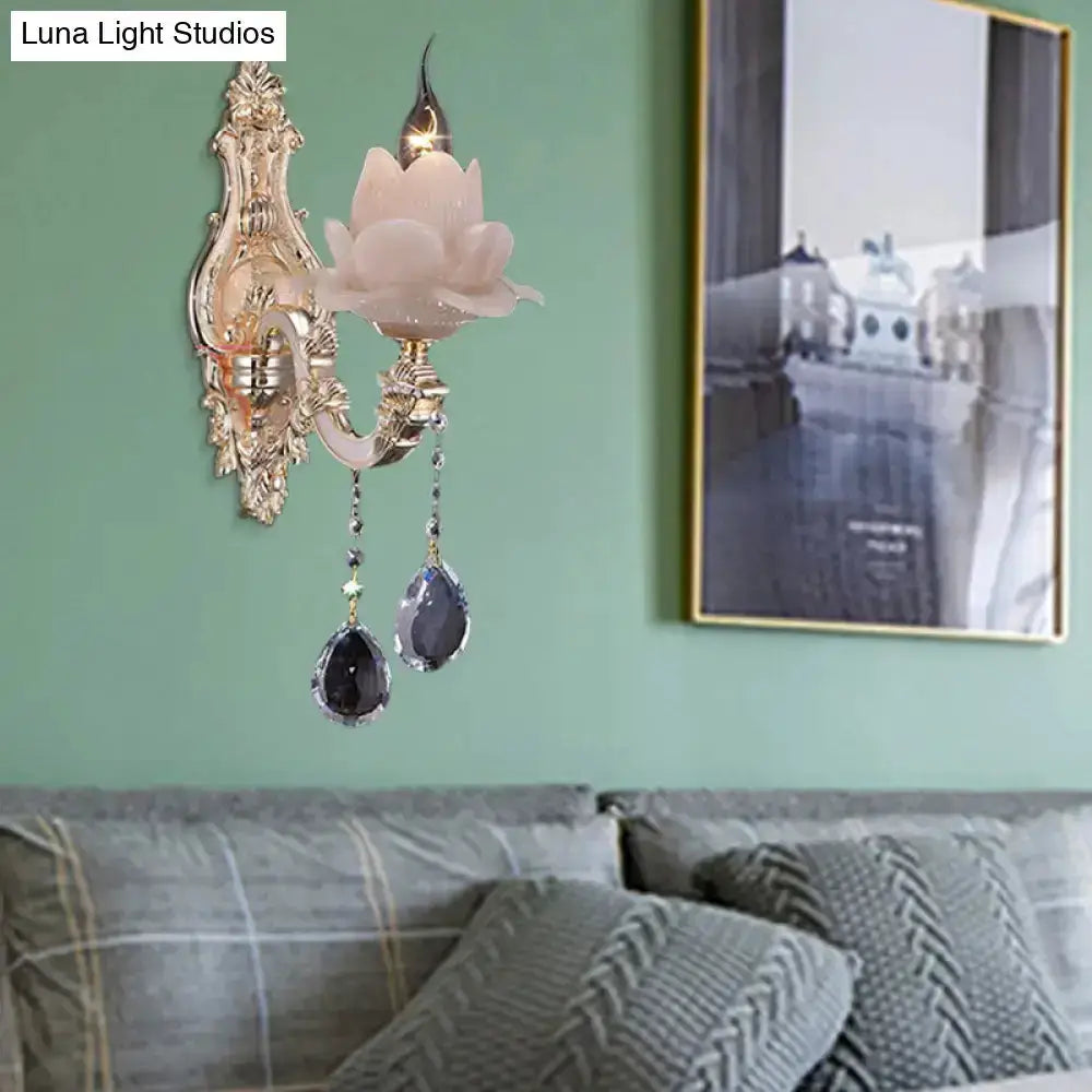 Pink Lotus Wall Lamp With Teardrop Crystal
