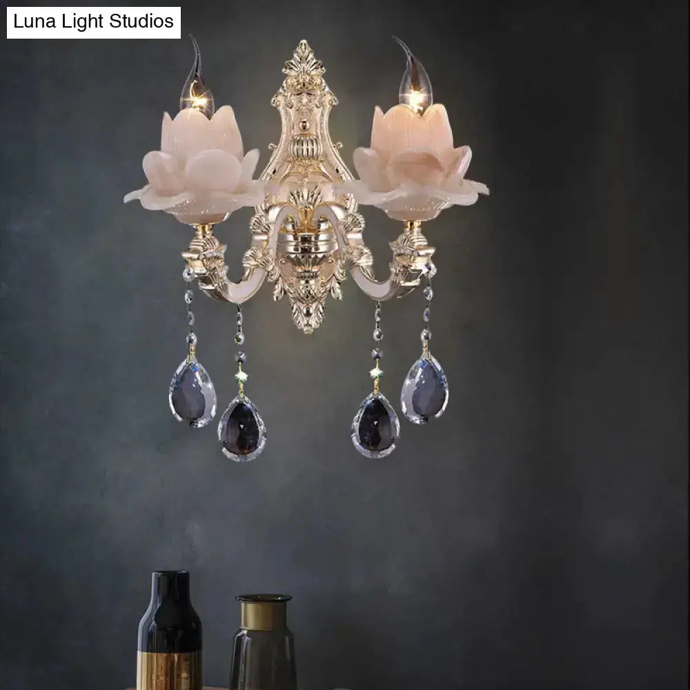 Pink Lotus Wall Lamp With Teardrop Crystal
