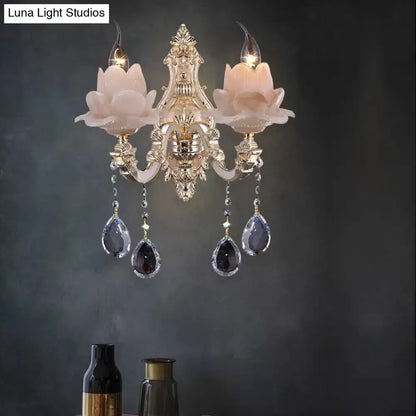 Pink Lotus Wall Lamp With Teardrop Crystal