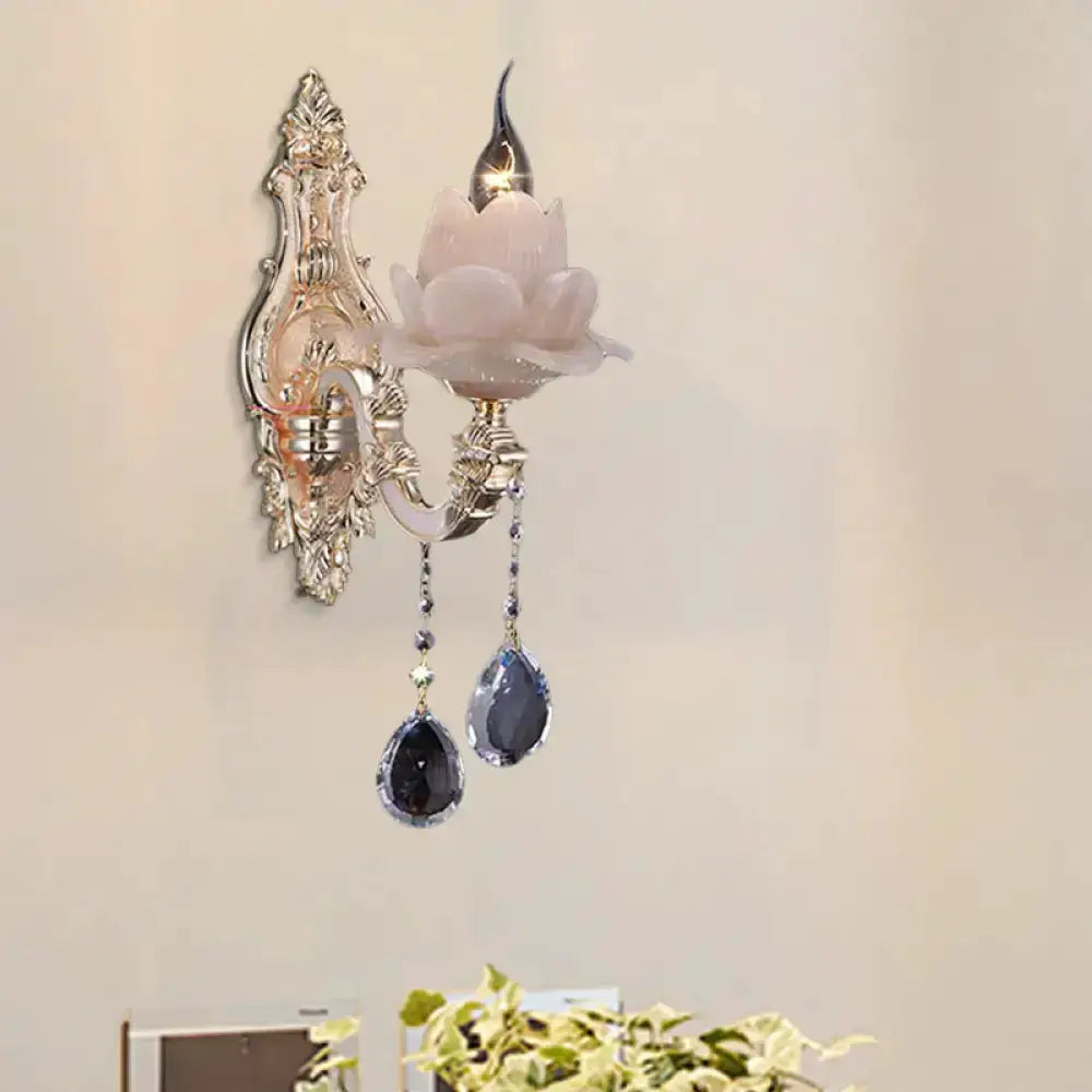 Pink Lotus Wall Lamp With Teardrop Crystal