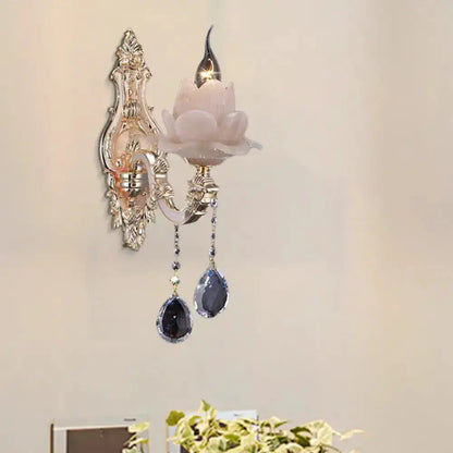 Pink Lotus Wall Lamp With Teardrop Crystal