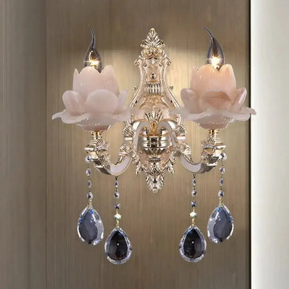 Pink Lotus Wall Lamp With Teardrop Crystal