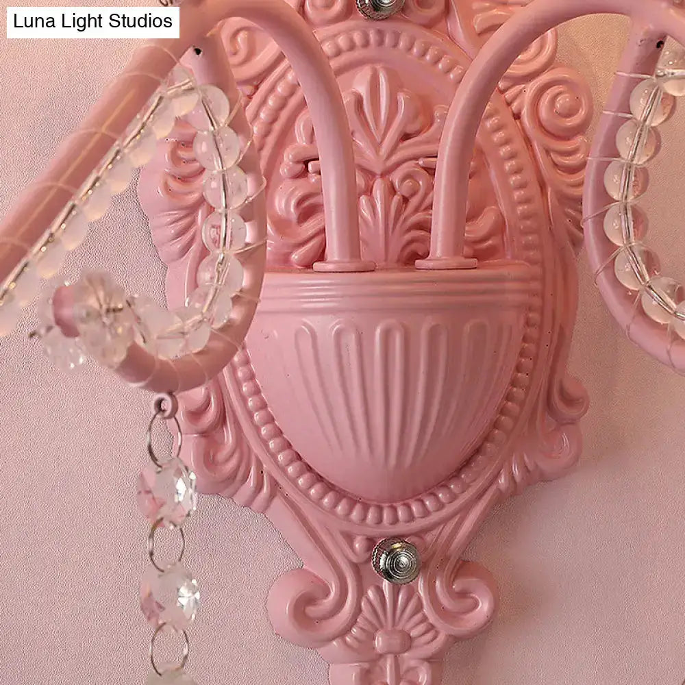Pink Metal Scroll Arm Wall Lamp with Crystal
