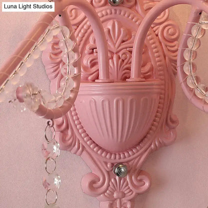 Pink Metal Scroll Arm Wall Lamp with Crystal