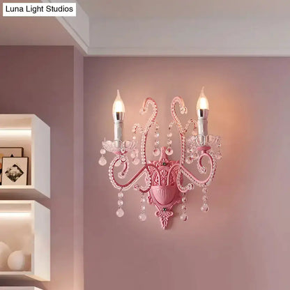 Pink Metal Scroll Arm Wall Lamp with Crystal