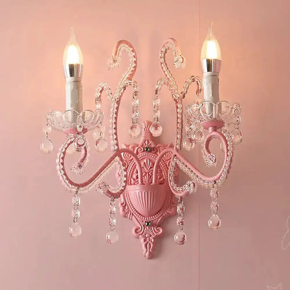 Pink Metal Scroll Arm Wall Lamp with Crystal