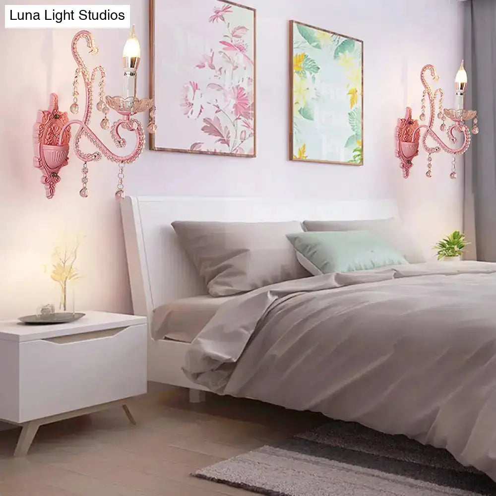 Pink Metal Scroll Arm Wall Lamp with Crystal