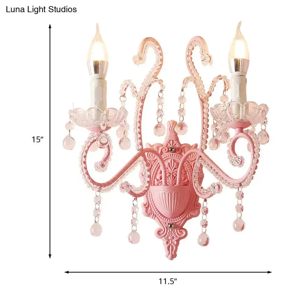 Pink Metal Scroll Arm Wall Lamp with Crystal