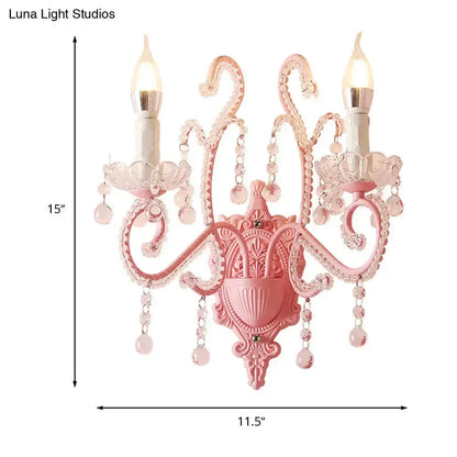 Pink Metal Scroll Arm Wall Lamp with Crystal