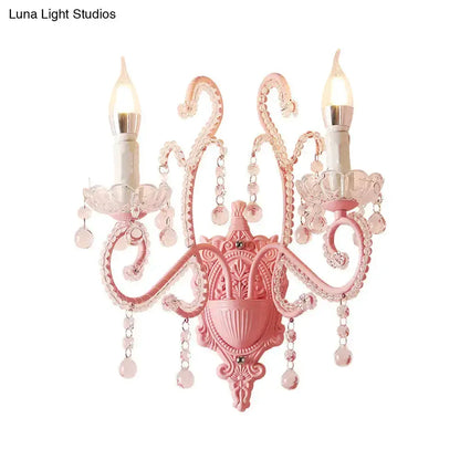 Pink Metal Scroll Arm Wall Lamp with Crystal