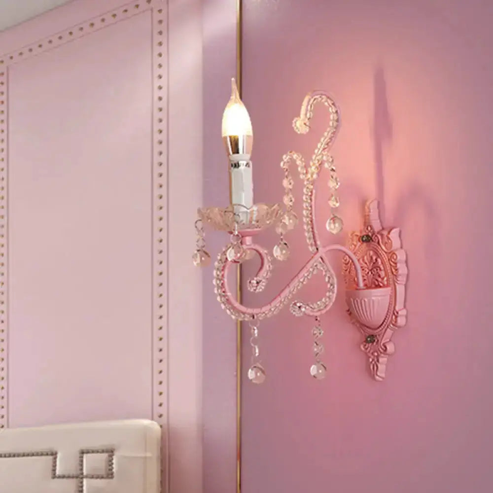 Pink Metal Scroll Arm Wall Lamp with Crystal