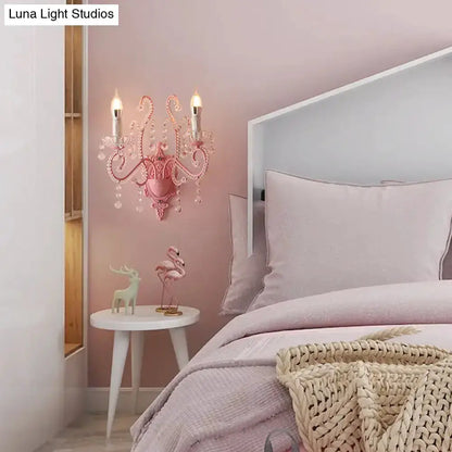 Pink Metal Scroll Arm Wall Lamp with Crystal
