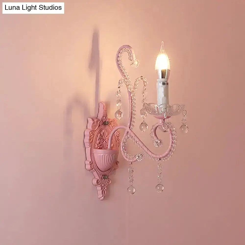 Pink Metal Scroll Arm Wall Lamp with Crystal