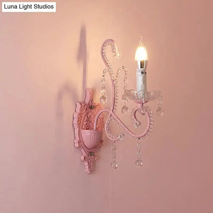 Pink Metal Scroll Arm Wall Lamp with Crystal