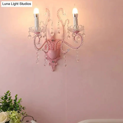 Pink Metal Scroll Arm Wall Lamp with Crystal