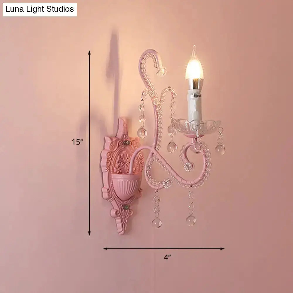 Pink Metal Scroll Arm Wall Lamp with Crystal