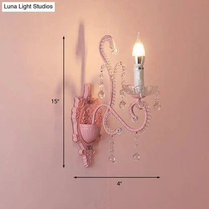 Pink Metal Scroll Arm Wall Lamp with Crystal