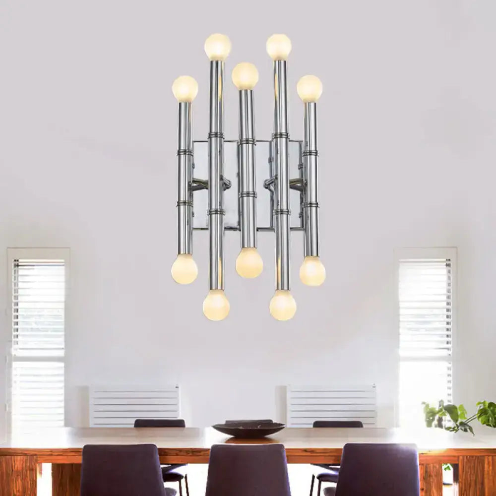 Gold Bamboo Wall Sconce chrome pipe chandelier with 9 frosted globe bulbs over dining table on Tampa Home & Garden Store