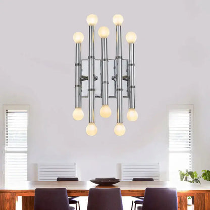 Gold Bamboo Wall Sconce chrome pipe chandelier with 9 frosted globe bulbs over dining table on Tampa Home & Garden Store