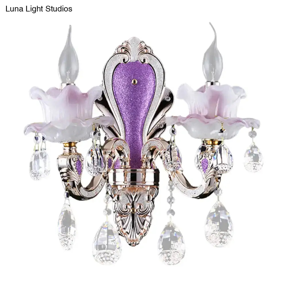 Crystal Floral Wall Sconce, two-arm silver frame with purple and pink glass shades, crystal drops on Tampa Home & Garden Store