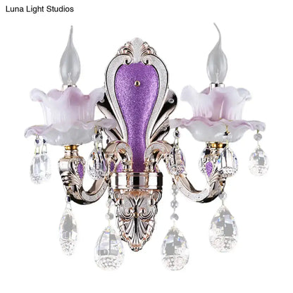 Crystal Floral Wall Sconce, two-arm silver frame with purple and pink glass shades, crystal drops on Tampa Home & Garden Store