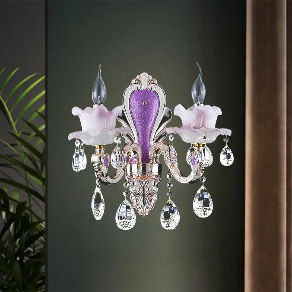 Crystal Floral Wall Sconce Decorbites with purple backplate and pink flower shades on Tampa Home & Garden Store