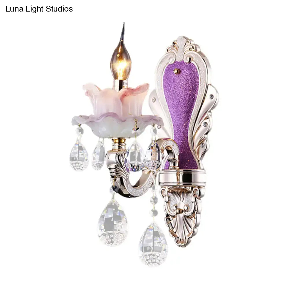 Crystal Floral Wall Sconce Decorbites purple glitter backplate, crystal drops, pink flower shade on Tampa Home & Garden Store