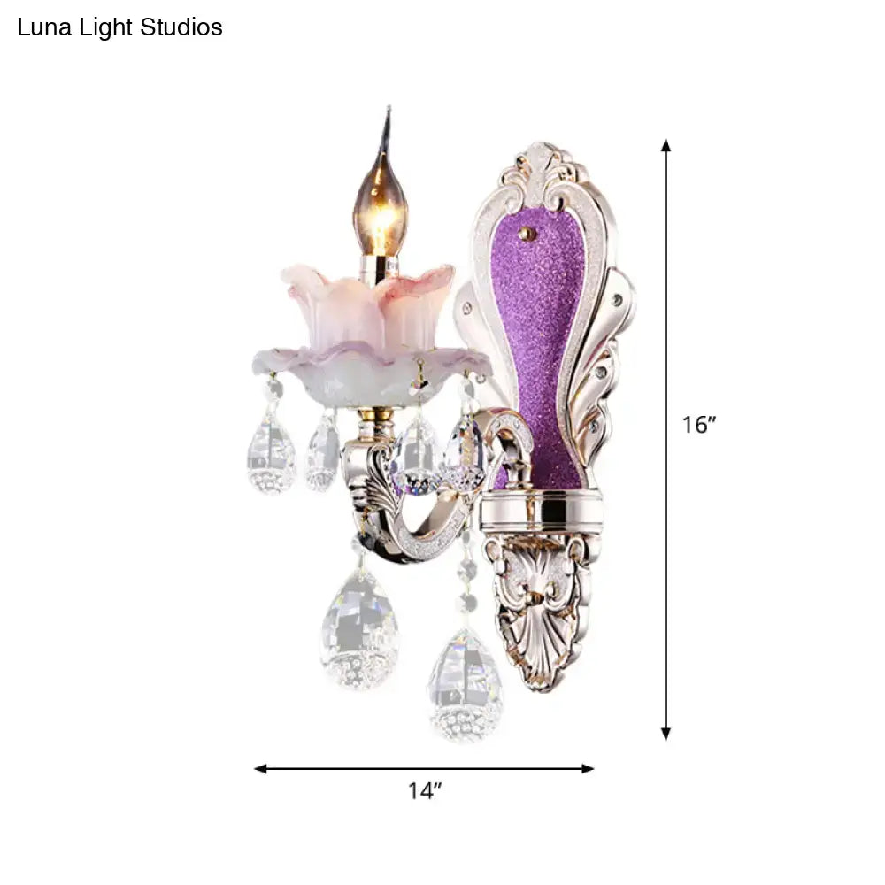 Crystal Floral Wall Sconce with purple glitter panel, crystal drops, silver frame by Decorbites on Tampa Home & Garden Store