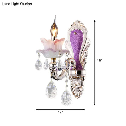 Crystal Floral Wall Sconce with purple glitter panel, crystal drops, silver frame by Decorbites on Tampa Home & Garden Store
