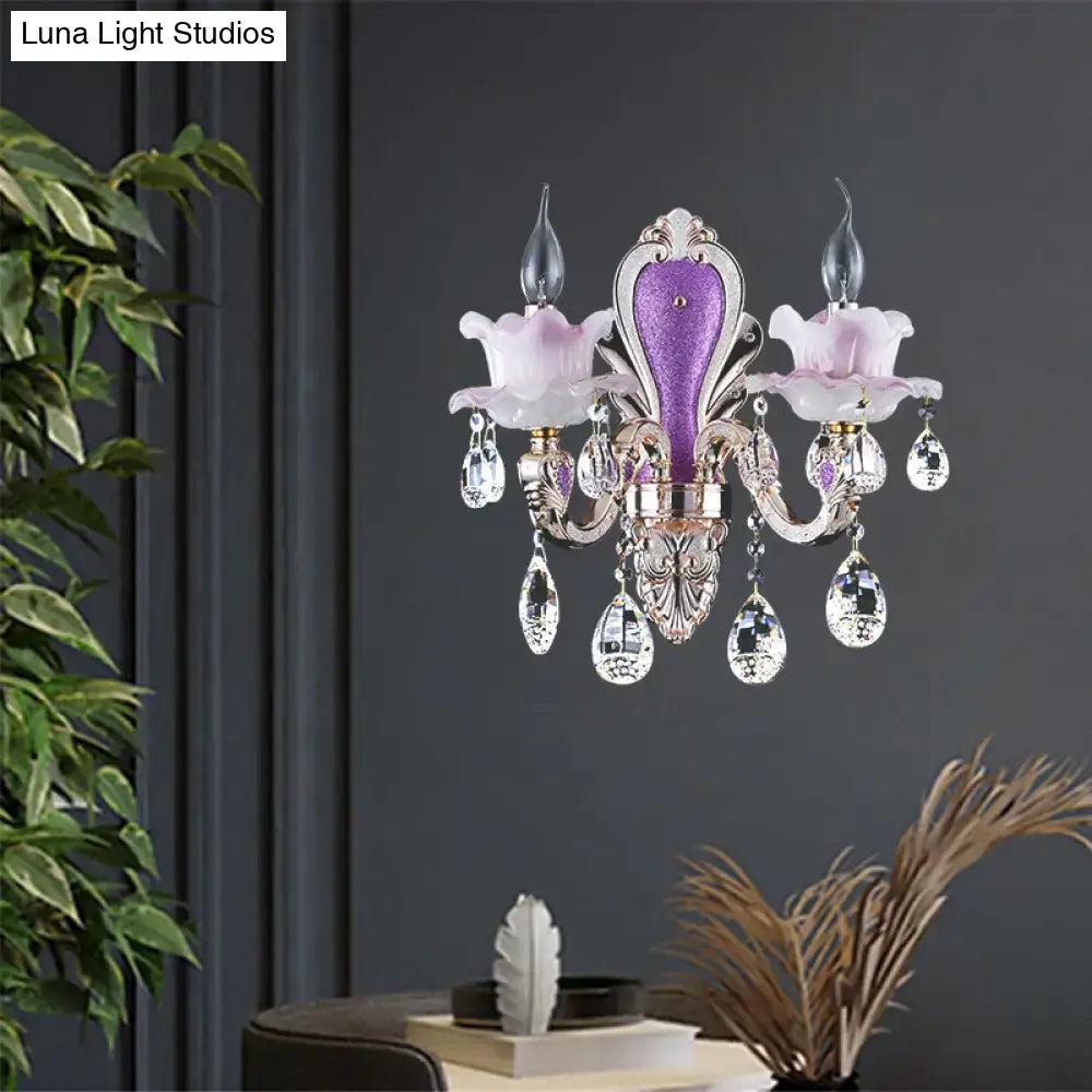 Crystal Floral Wall Sconce Decorbites with purple center, pink frosted petals, crystal drops on Tampa Home & Garden Store