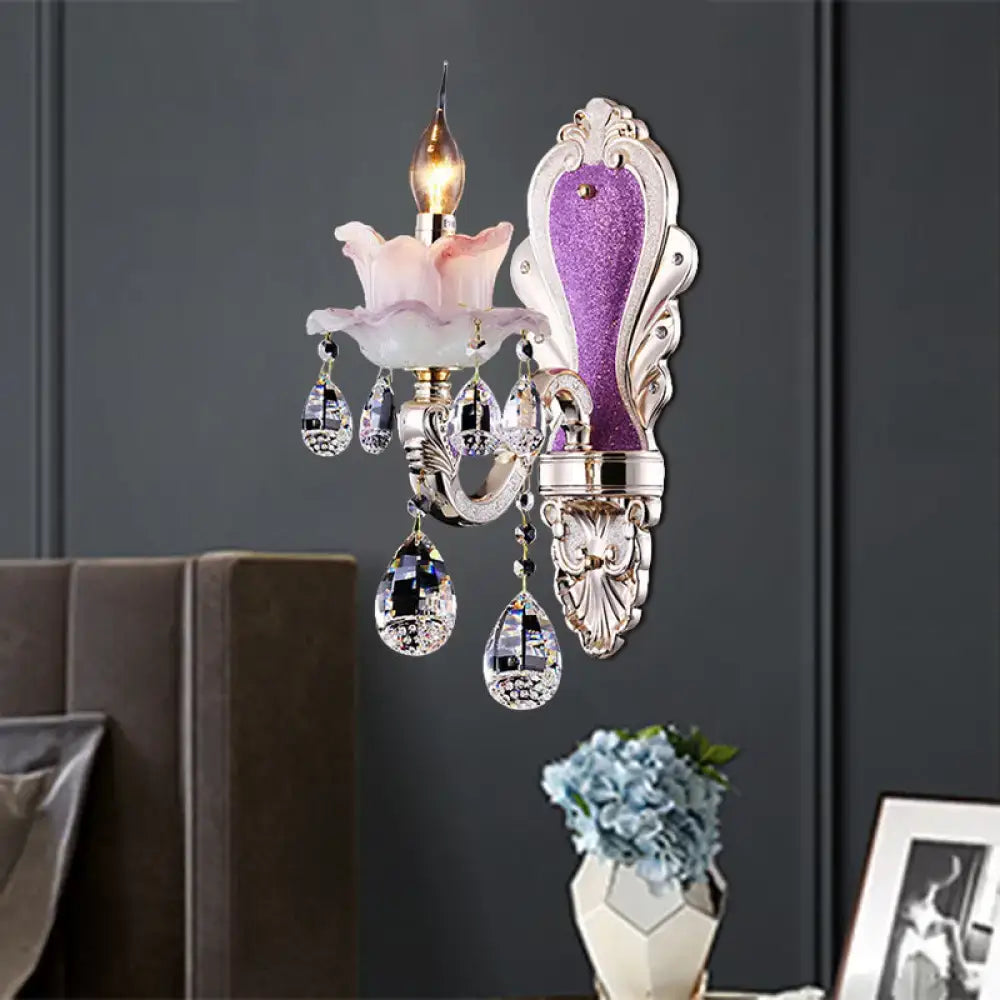 Crystal Floral Wall Sconce by Decorbites featuring pink flower shade and hanging crystal drops on Tampa Home & Garden Store