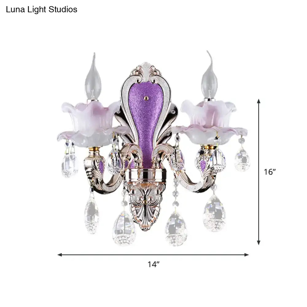 Crystal Floral Wall Sconce by Decorbites with purple accent and dangling crystal drops on Tampa Home & Garden Store