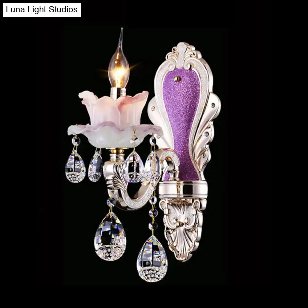 Crystal Floral Wall Sconce by Decorbites with purple panel and crystal drops on silver frame on Tampa Home & Garden Store