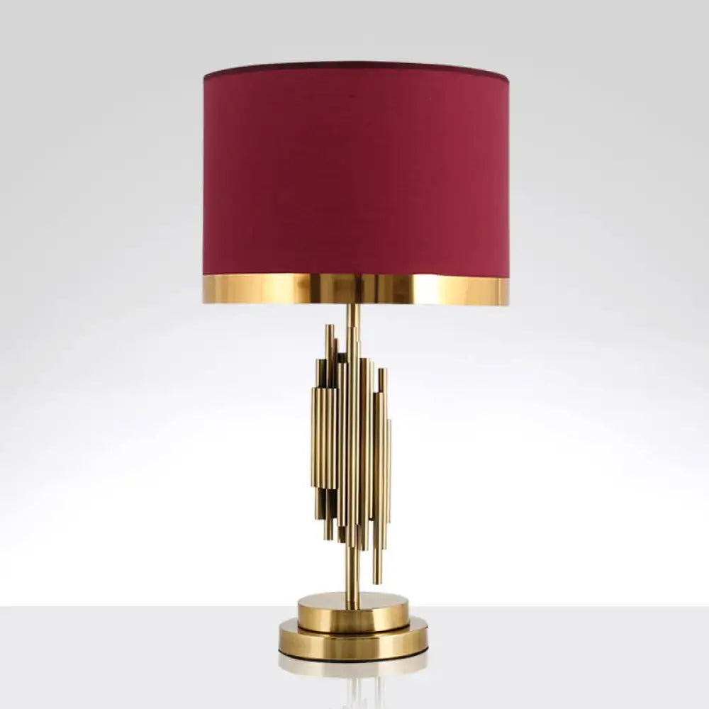 Red Velvet Table Lamp by Decorbites, brass gold base with stacked spindle design on Tampa Home & Garden Store