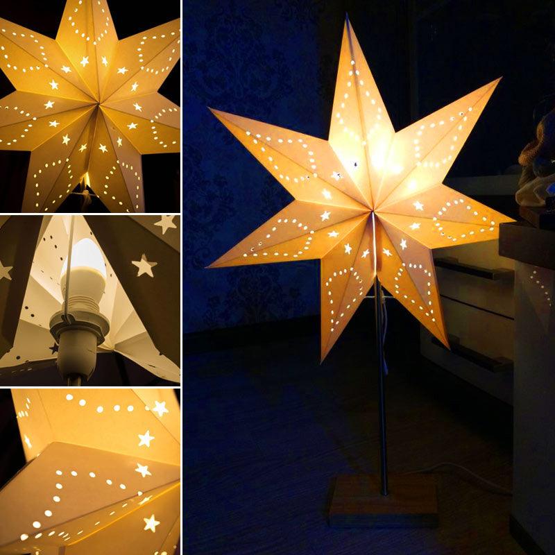 Star-shaped paper lamp on a wooden stand, warm yellow LED glow, Nordic minimalist desk lamp on Tampa Home & Garden Store