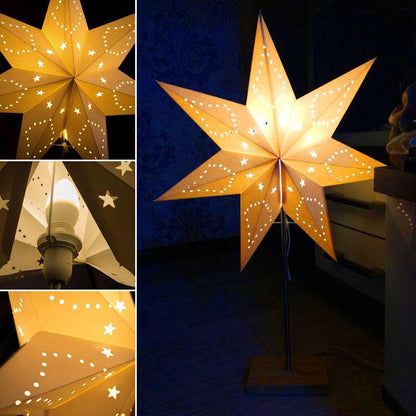 Star-shaped paper lamp on a wooden stand, warm yellow LED glow, Nordic minimalist desk lamp on Tampa Home & Garden Store