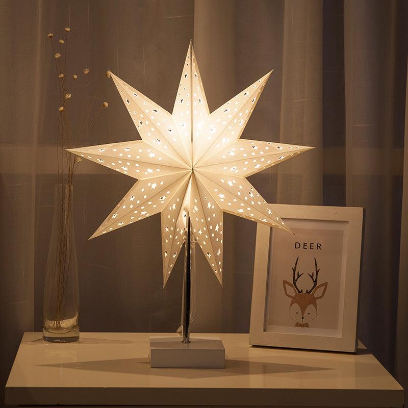 Stevvex LED Star Desk Lamp white perforated paper star on metal stem with white base decor on Tampa Home & Garden Store