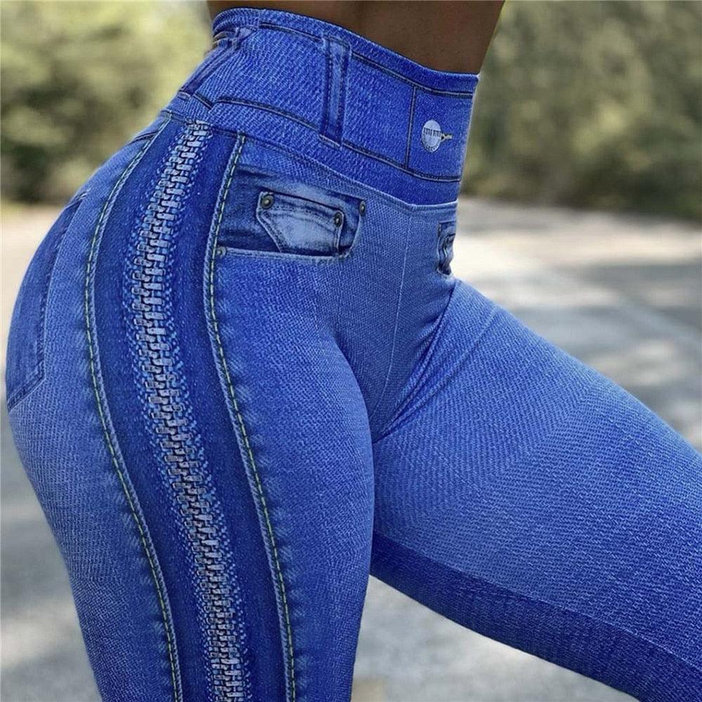 Stevvex blue denim leggings with side zipper seam, high-rise fit, stretch denim look on Tampa Home & Garden Store