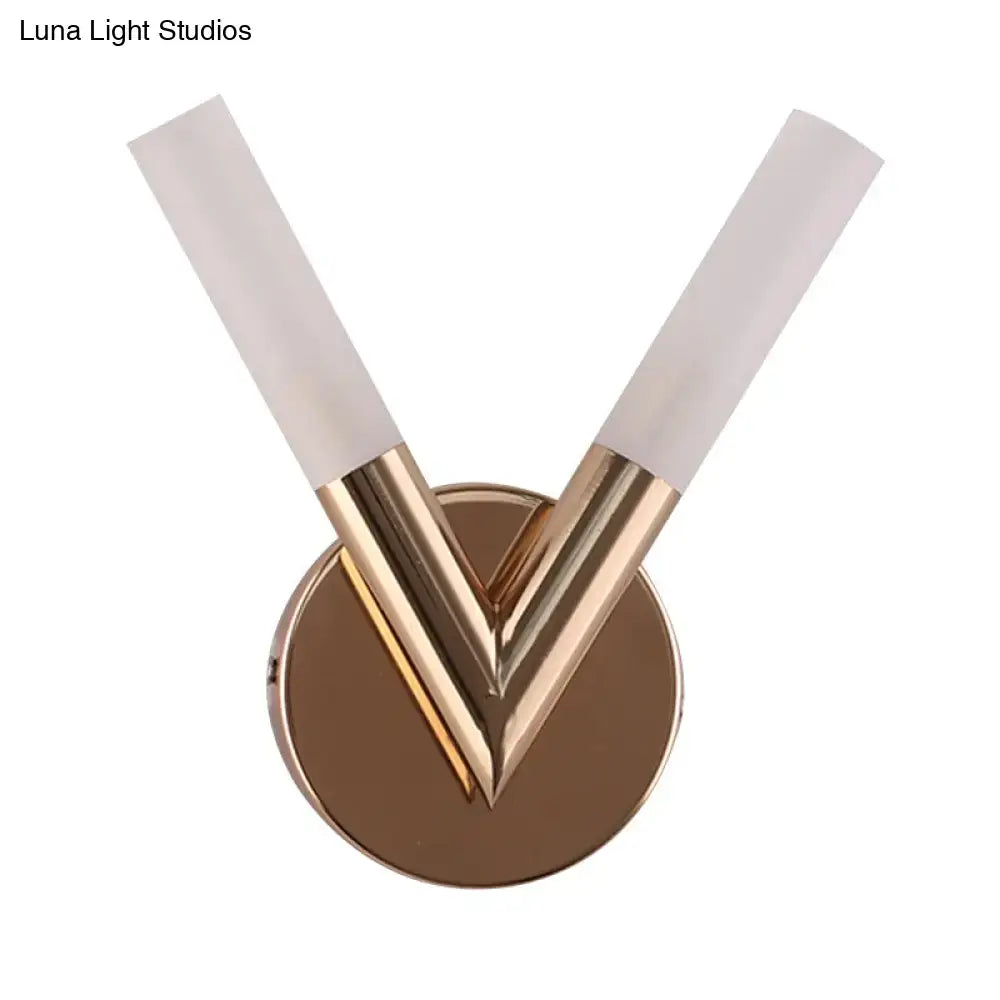 V-shaped glass wall sconce with bronze round backplate and frosted glass tubes on Tampa Home & Garden Store