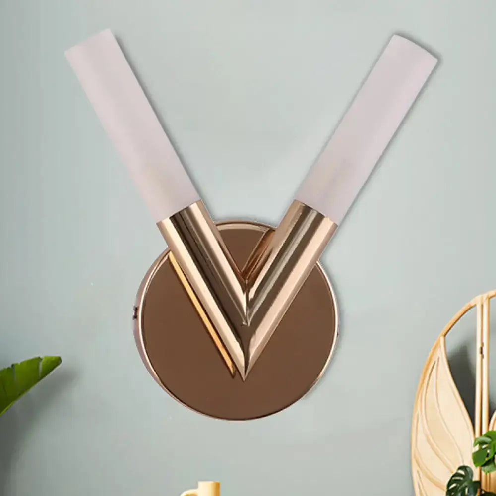V-shaped glass wall sconce with round brass backplate and two white frosted arms Decorbites on Tampa Home & Garden Store