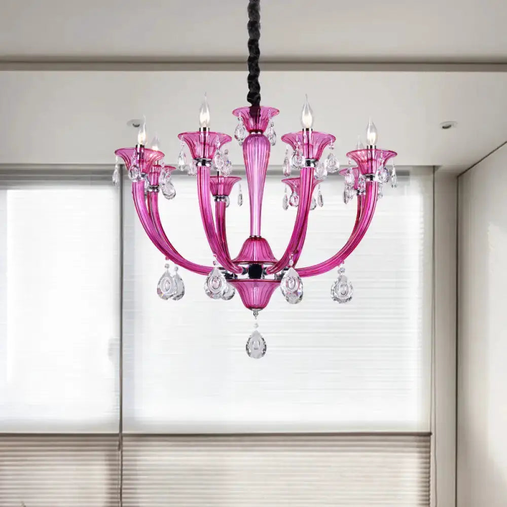 Modern rose-red glass crystal chandelier pendant light by Decorbites pink arms with crystals on Tampa Home & Garden Store