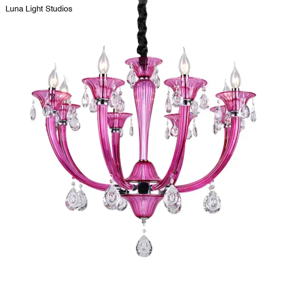 Modern rose red glass crystal chandelier with pink arms and hanging crystal drops Decorbites on Tampa Home & Garden Store