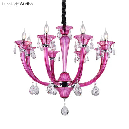 Modern rose red glass crystal chandelier with pink arms and hanging crystal drops Decorbites on Tampa Home & Garden Store