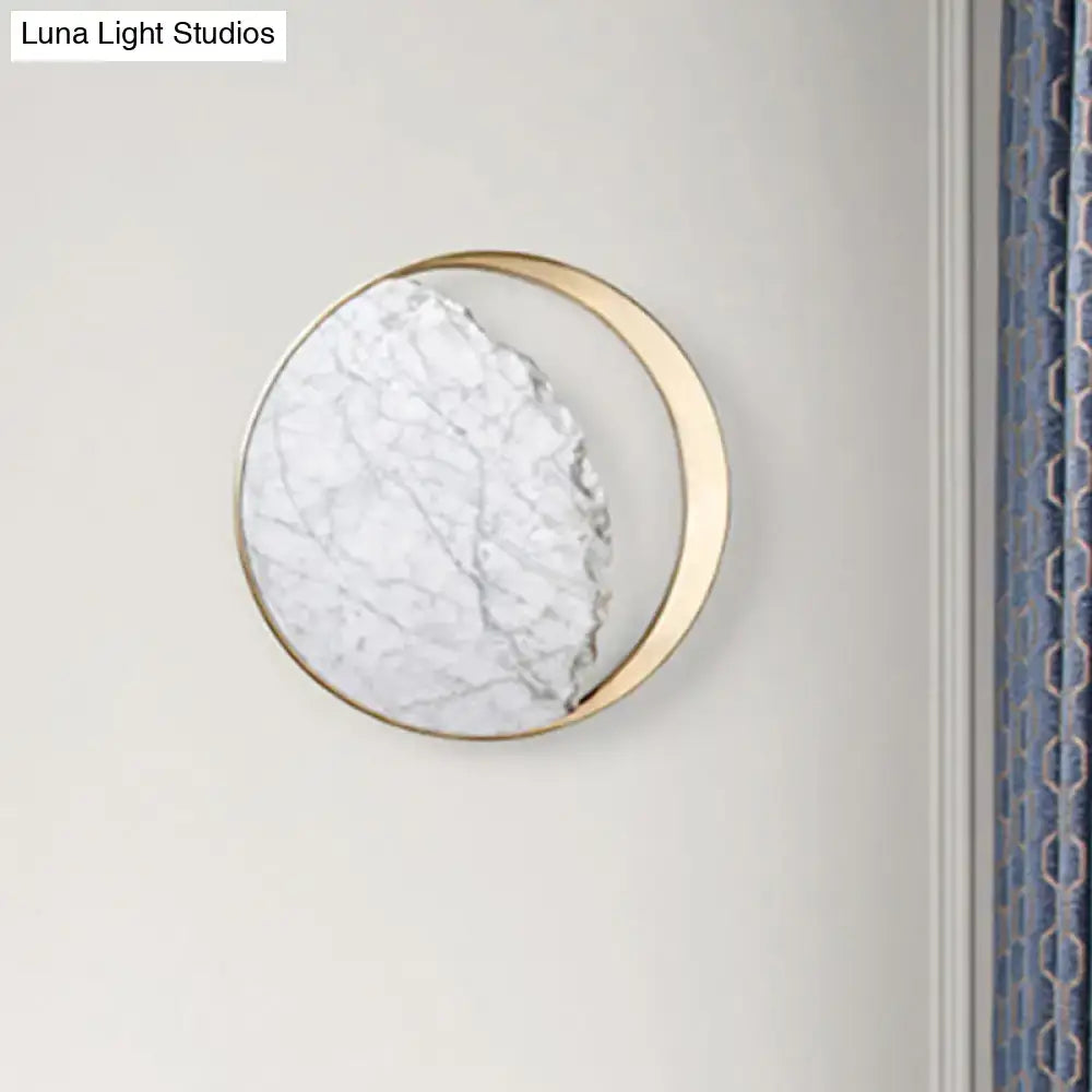 White Marble Wall Sconce with round gold ring and ambient LED glow Decorbites on Tampa Home & Garden Store